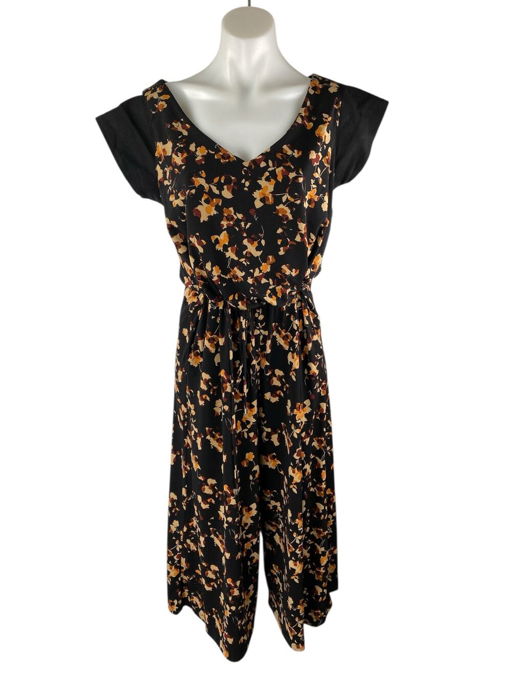 Nicole Miller Black Floral V Neck Short Sleeve Wide Leg Romper Jumpsuit Size M